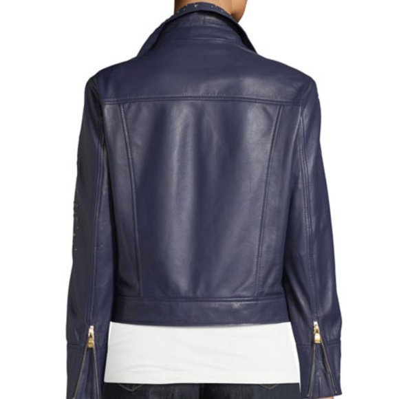 Boutique Moschino Motorcycle Studded Gold‎ Star Zip Leather jacket Medium - Picture 2 of 4